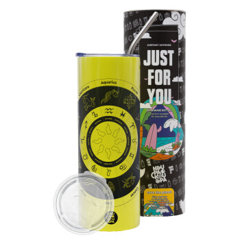 Ζωδιακός κύκλος, Neon Yellow Travel Tumbler, with metal straw (Stainless steel 304 Food grade, BPA free, 600ml)