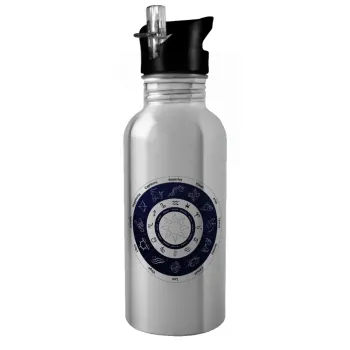 Ζωδιακός κύκλος, Water bottle Silver with straw, stainless steel 600ml