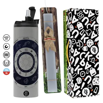 Ζωδιακός κύκλος, Πασχαλινή Λαμπάδα με Travel Tumbler θερμό (600ml, BPA free) & κερί αρωματικό πλακέ (30cm) (ΓΚΡΙ)