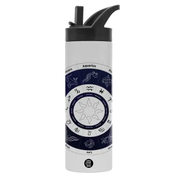 Ζωδιακός κύκλος, Μεταλλικό παγούρι θερμός με καλαμάκι & χειρολαβή, ανοξείδωτο ατσάλι (Stainless steel 304), διπλού τοιχώματος, 600ml