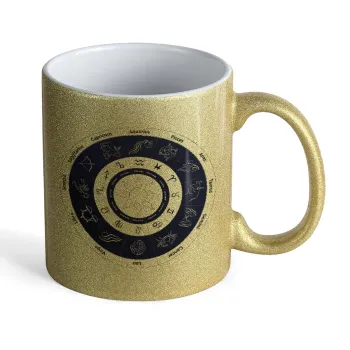Ζωδιακός κύκλος, Κούπα Χρυσή Glitter που γυαλίζει, κεραμική, 330ml