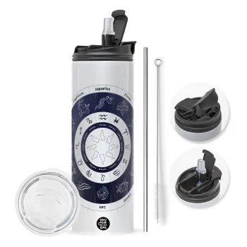 Ζωδιακός κύκλος, Travel Tumbler θερμό με διπλό καπάκι, μεταλλικό καλαμάκι και βούρτσα καθαρισμού (Ανωξείδωτο 304 Food grade, BPA free, 600ml)
