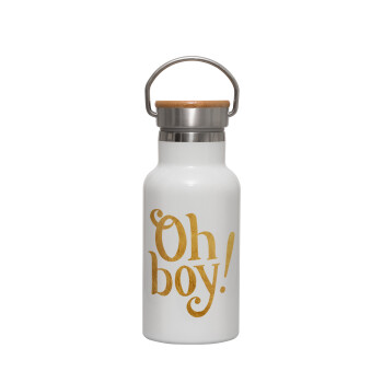 Oh baby gold, Metallic thermos (Stainless steel) White with wooden lid (bamboo), double-walled, 350ml