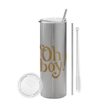 Oh baby gold, Eco friendly stainless steel Silver tumbler 600ml, with metal straw & cleaning brush