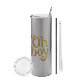 Oh baby gold, Tumbler stainless steel Silver 600ml, with metal straw & cleaning brush