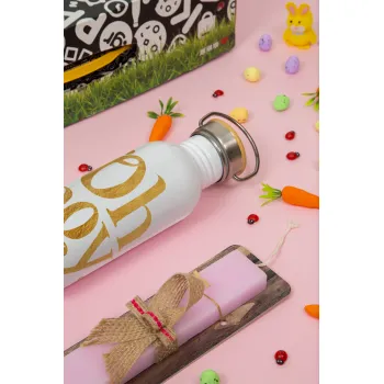 Oh baby gold, Πασχαλινή Λαμπάδα με παγούρι μεταλλικό (620ml, stainless steel) & κερί αρωματικό πλακέ (30cm) (ΡΟΖ)