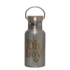 Stainless steel metallic thermos flask, silver with a bamboo lid, double-walled, 350ml.