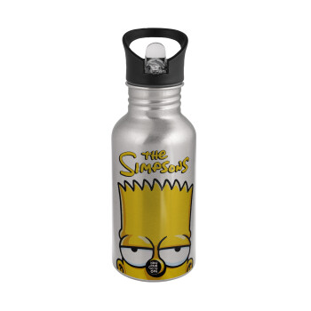 The Simpsons Bart, Water bottle Silver with straw, stainless steel 500ml