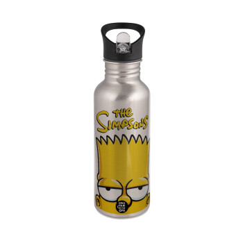 The Simpsons Bart, Water bottle Silver with straw, stainless steel 600ml