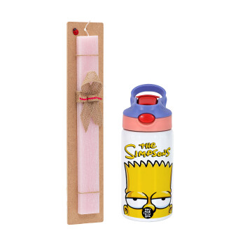 The Simpsons Bart, Πασχαλινό Σετ, Παιδικό παγούρι θερμό, ανοξείδωτο, με καλαμάκι ασφαλείας, ροζ/μωβ (350ml) & πασχαλινή λαμπάδα αρωματική πλακέ (30cm) (ΡΟΖ)