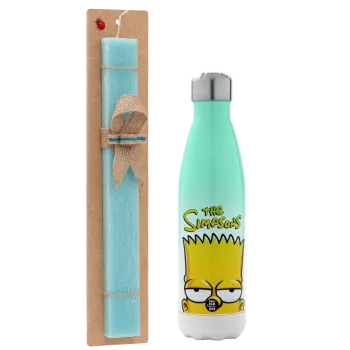 The Simpsons Bart, Easter Set, Metallic green/white thermos (Stainless steel), double-walled, 500ml & scented flat Easter candle (30cm) (TURQUOISE)