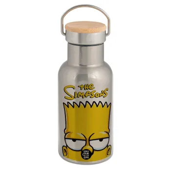 The Simpsons Bart, Stainless steel metallic thermos flask, silver with a bamboo lid, double-walled, 350ml.