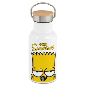 The Simpsons Bart, Metallic thermos (Stainless steel) White with wooden lid (bamboo), double-walled, 350ml
