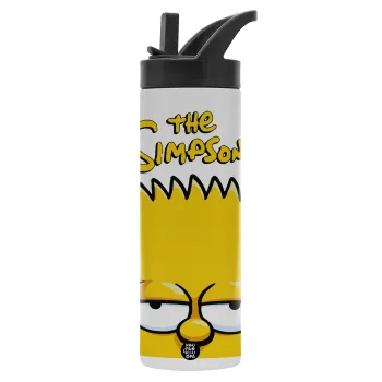 The Simpsons Bart, Metallic thermos bottle with straw & handle, stainless steel (Stainless steel 304), double-walled, 600ml.