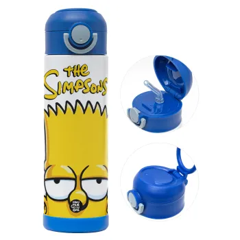 The Simpsons Bart, Children's hot water bottle, stainless steel, with safety straw, BLUE (500ml)