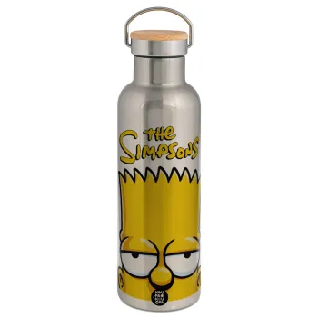 The Simpsons Bart, Μεταλλικό παγούρι θερμός (Stainless steel) Ασημένιο με ξύλινο καπακι (bamboo), διπλού τοιχώματος, 750ml