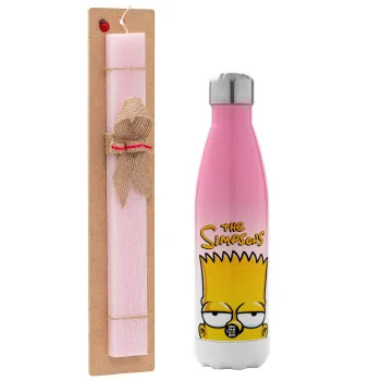 The Simpsons Bart, Easter Set, Metallic pink/white (Stainless steel) thermos, double-walled, 500ml & aromatic flat Easter candle (30cm) (PINK)