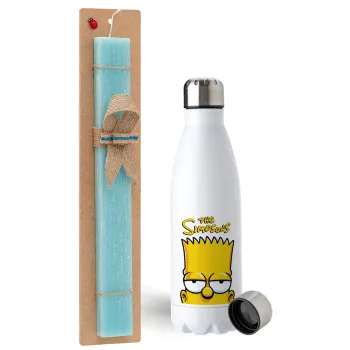 The Simpsons Bart, Easter Set, metallic stainless steel water bottle (750ml) & aromatic flat Easter candle (30cm) (TURQUOISE)