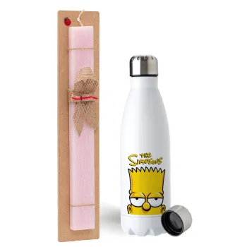 The Simpsons Bart, Easter Set, metallic stainless steel water bottle (750ml) & scented flat Easter candle (30cm) (PINK)