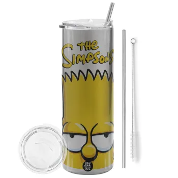The Simpsons Bart, Tumbler ποτήρι θερμό Ασημένιο από ανοξείδωτο ατσάλι 600ml, με μεταλλικό καλαμάκι & βούρτσα καθαρισμού