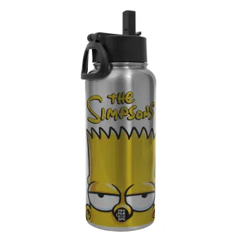 The Simpsons Bart, Metal mug thermo Silver with Straw and Spout Lid (Stainless steel), double wall, 950ml