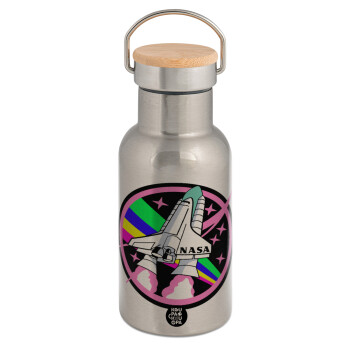 NASA pink, Stainless steel metallic thermos flask, silver with a bamboo lid, double-walled, 350ml.