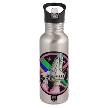 NASA pink, Water bottle Silver with straw, stainless steel 600ml