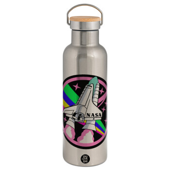NASA pink, Stainless steel Silver with wooden lid (bamboo), double wall, 750ml