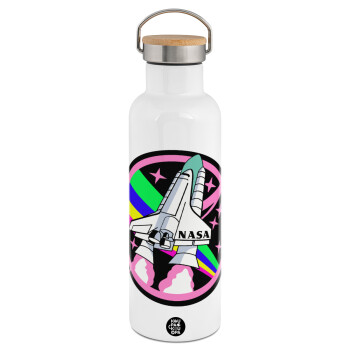 NASA pink, Stainless steel White with wooden lid (bamboo), double wall, 750ml
