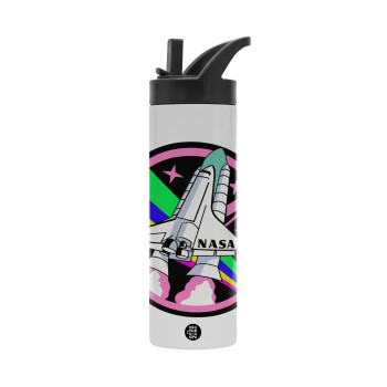 NASA pink, Metallic thermos bottle with straw & handle, stainless steel (Stainless steel 304), double-walled, 600ml.