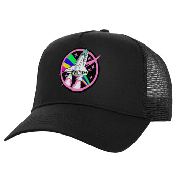 NASA pink, Structured Trucker Adult Hat, with Mesh, Black (100% COTTON, ADULT, UNISEX, ONE SIZE)