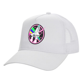 NASA pink, Structured Trucker Adult Hat, with Mesh, WHITE (100% COTTON, ADULT, UNISEX, ONE SIZE)