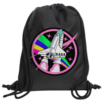 NASA pink, Τσάντα πλάτης πουγκί GYMBAG Μαύρη, με τσέπη (40x48cm) & χονδρά κορδόνια