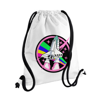 NASA pink, Τσάντα πλάτης πουγκί GYMBAG λευκή, με τσέπη (40x48cm) & χονδρά κορδόνια