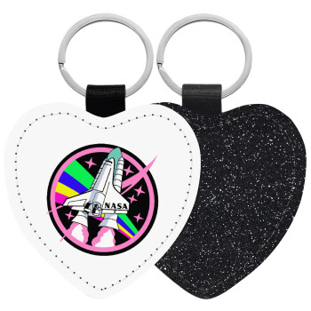 NASA pink, Μπρελόκ PU δερμάτινο glitter καρδιά ΜΑΥΡΟ