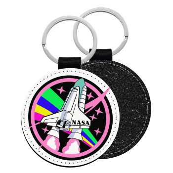 NASA pink, Μπρελόκ Δερματίνη, στρογγυλό ΜΑΥΡΟ (5cm)