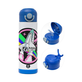 NASA pink, Children's hot water bottle, stainless steel, with safety straw, BLUE (500ml)