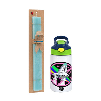NASA pink, Easter Set, Children's thermal stainless steel bottle with safety straw, green/blue (350ml) & aromatic flat Easter candle (30cm) (TURQUOISE)