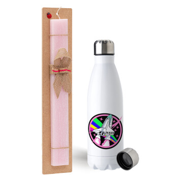 NASA pink, Easter Set, metallic stainless steel water bottle (750ml) & scented flat Easter candle (30cm) (PINK)
