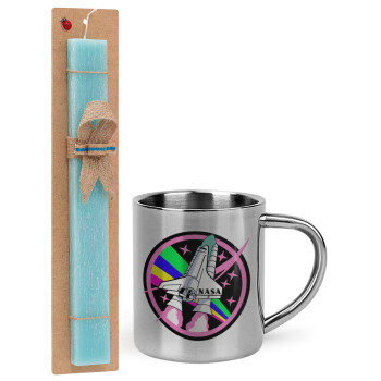 NASA pink, Easter Set, metallic thermal cup (300ml) & aromatic flat Easter candle (30cm) (TURQUOISE)