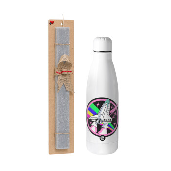 NASA pink, Easter Set, metallic stainless thermos bottle (500ml) & scented flat Easter candle (30cm) (GRAY)