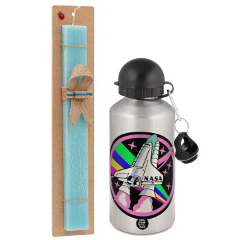 NASA pink, Easter Set, metallic silver aluminum water bottle (500ml) & scented flat Easter candle (30cm) (TURQUOISE)