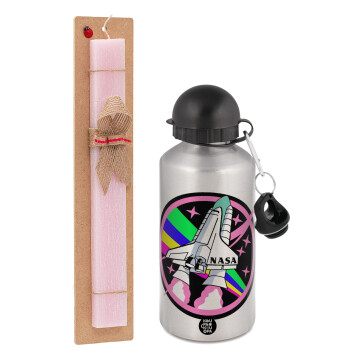 NASA pink, Easter Set, metallic Silver aluminum water bottle (500ml) & scented flat Easter candle (30cm) (PINK)