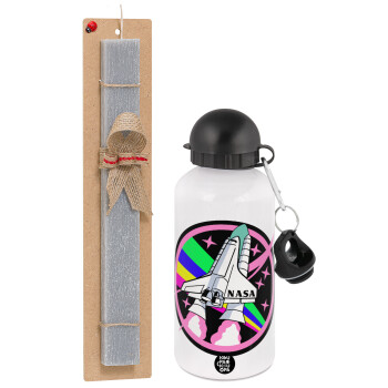 NASA pink, Easter Set, metallic aluminum water bottle (500ml) & aromatic flat Easter candle (30cm) (GRAY)