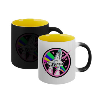 NASA pink, Κούπα Μαγική εσωτερικό κίτρινη, κεραμική 330ml που αλλάζει χρώμα με το ζεστό ρόφημα