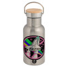 Stainless steel metallic thermos flask, silver with a bamboo lid, double-walled, 350ml.