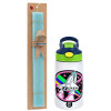Easter Set, Children's thermal stainless steel bottle with safety straw, green/blue (350ml) & aromatic flat Easter candle (30cm) (TURQUOISE)
