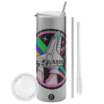 NASA pink, Eco friendly ποτήρι θερμό Ασημένιο (tumbler) από ανοξείδωτο ατσάλι 600ml, με μεταλλικό καλαμάκι & βούρτσα καθαρισμού