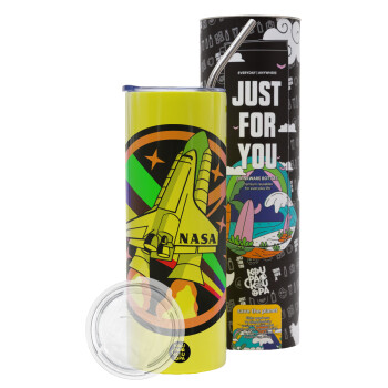 NASA pink, Neon Yellow Travel Tumbler θερμό, μεταλλικό καλαμάκι(Ανωξείδωτο 304 Food grade, BPA free, 600ml)