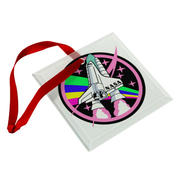 NASA pink, Χριστουγεννιάτικο στολίδι γυάλινο τετράγωνο 9x9cm